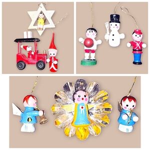 Vintage Handpainted Festive Wood Christmas Ornaments Santa Angel Snowman
